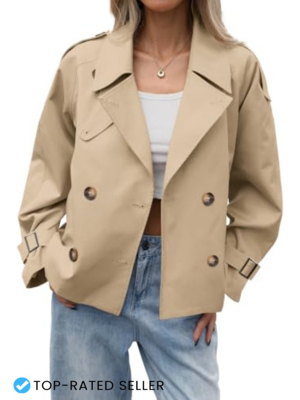 Women's Cropped Trench Coat Double Breasted Lightweight Fall Jacket